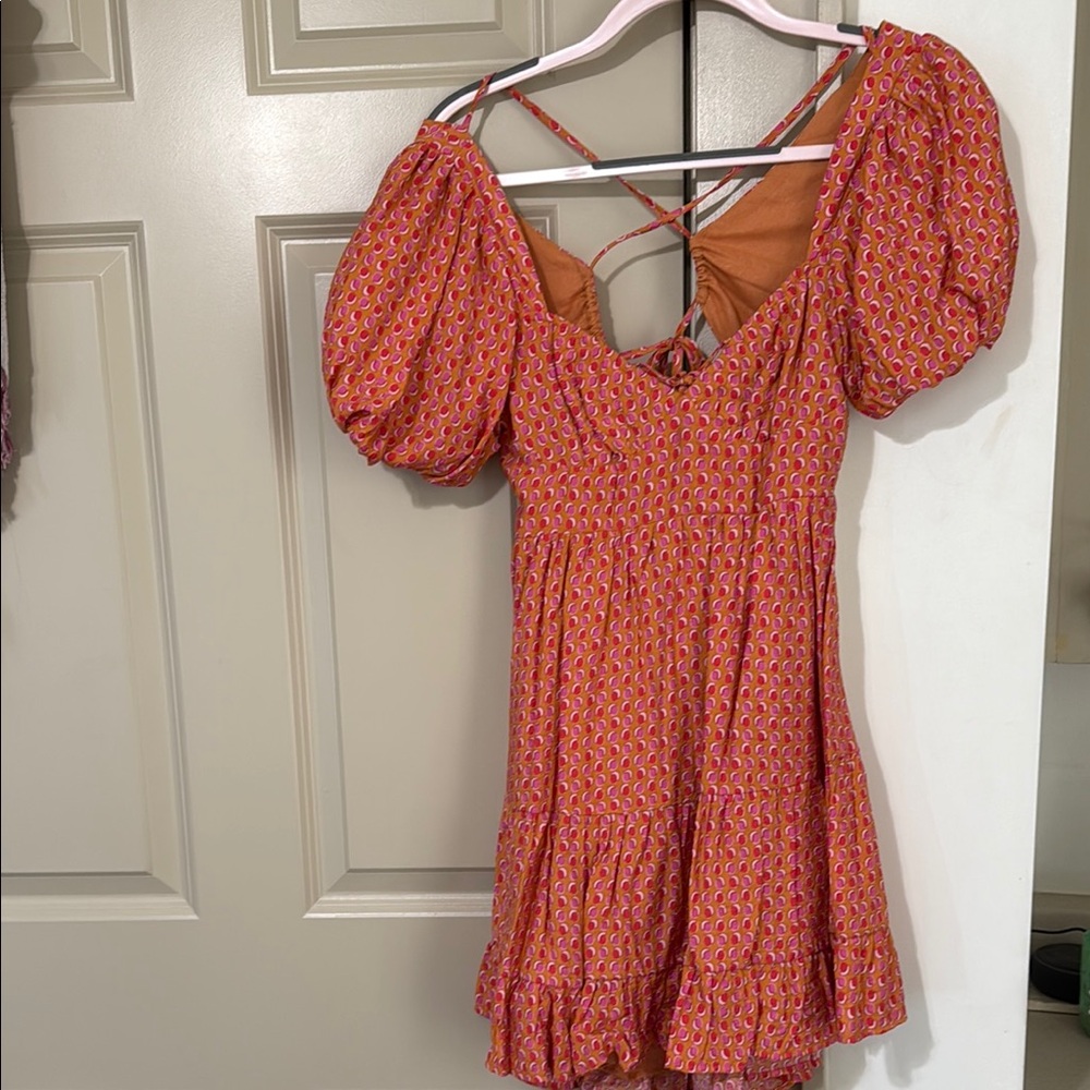 Red and Orange Patterned Dress with Puff Sleeves